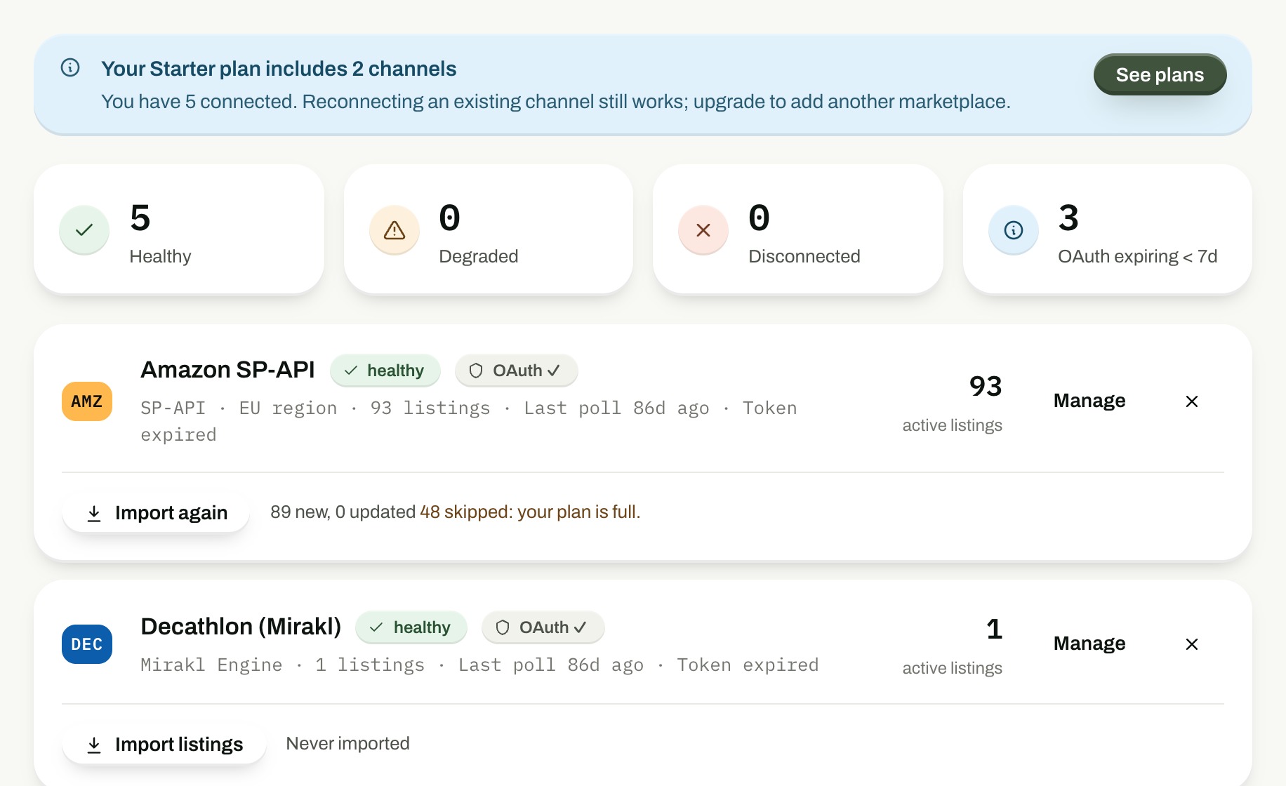 PANOpeak connections screen for linking Bol.com, Amazon, Kaufland, eMAG and Mirakl accounts via OAuth or API keys.